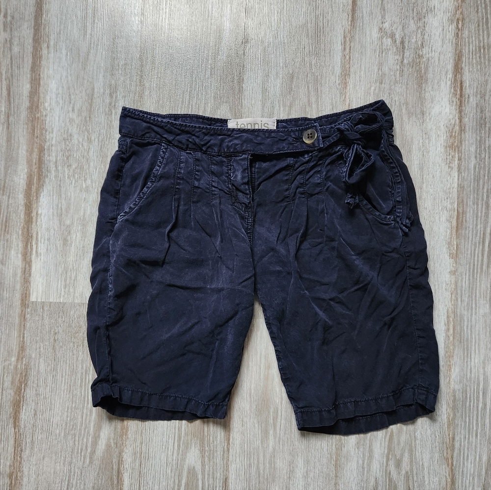 Tennis Brand Lyocell Shorts Navy Blue Lightweight Pockets Side Tie Detail Sz 8